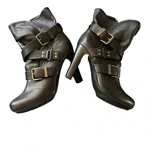 DKNYC Sandra Heeled Boot Black 9.5 Women’s Biker Moto Buckle Stack Heel Leather - Picture 5 of 10